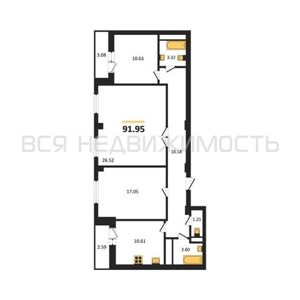 3-комнатная квартира, 91.95кв.м - изображение