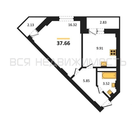 1-комнатная квартира, 37.66кв.м - изображение
