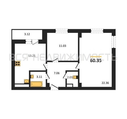 2-комнатная квартира, 60.35кв.м - изображение