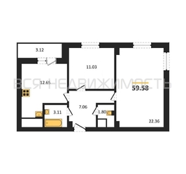 2-комнатная квартира, 59.58кв.м 2-комнатная квартира, 59.58кв.м - изображение 1