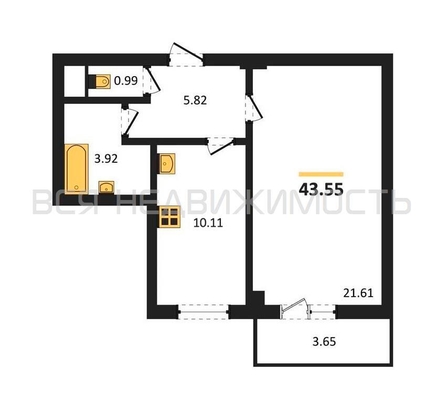 1-комнатная квартира, 43.55кв.м - изображение