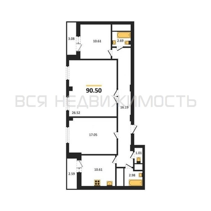 3-комнатная квартира, 90.5кв.м - изображение
