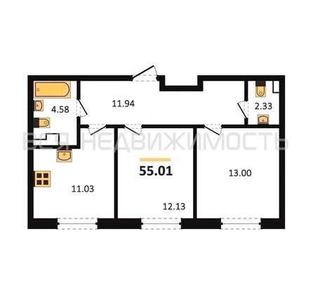 2-комнатная квартира, 55.01кв.м - изображение