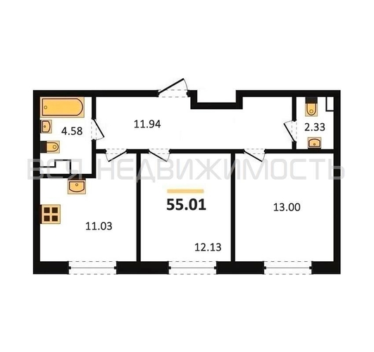 2-комнатная квартира, 55.01кв.м - изображение 0