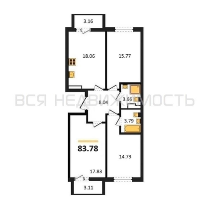 3-комнатная квартира, 83.78кв.м - изображение
