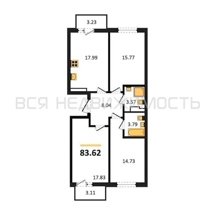 3-комнатная квартира, 83.62кв.м - изображение