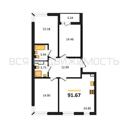 3-комнатная квартира, 91.67кв.м 3-комнатная квартира, 91.67кв.м - изображение