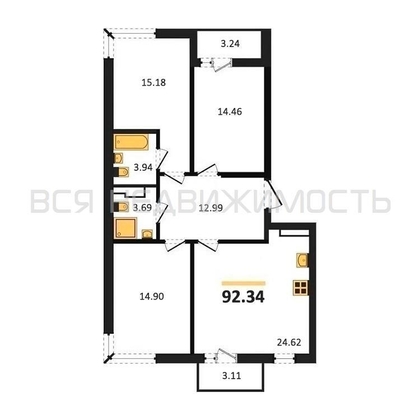 3-комнатная квартира, 92.34кв.м 3-комнатная квартира, 92.34кв.м - изображение