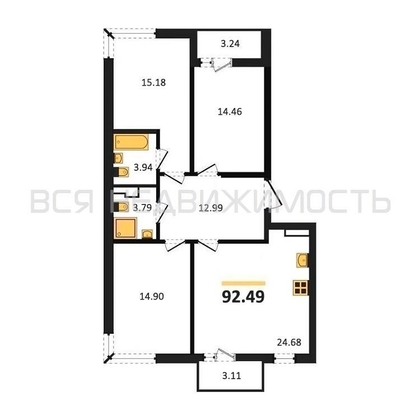 3-комнатная квартира, 92.49кв.м 3-комнатная квартира, 92.49кв.м - изображение