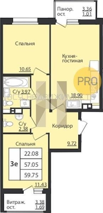 3-комнатная квартира, 59.75кв.м 3-комнатная квартира, 59.75кв.м - изображение