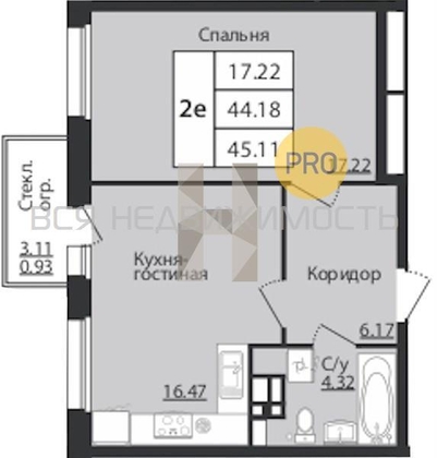 1-комнатная квартира, 45.11кв.м 1-комнатная квартира, 45.11кв.м - изображение