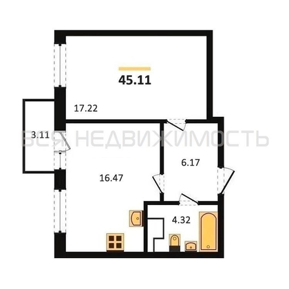 1-комнатная квартира, 45.11кв.м - изображение