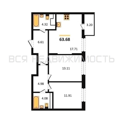 2-комнатная квартира, 63.68кв.м - изображение