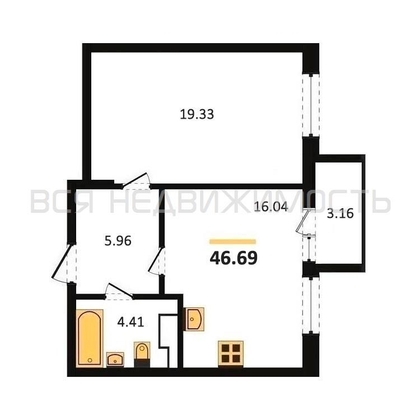 1-комнатная квартира, 46.69кв.м - изображение
