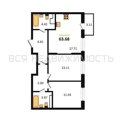 2-комнатная квартира, 63.68кв.м - изображение