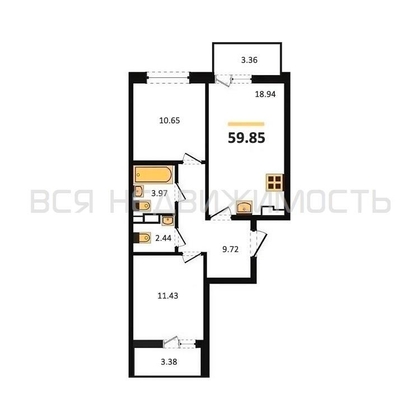 2-комнатная квартира, 59.85кв.м - изображение