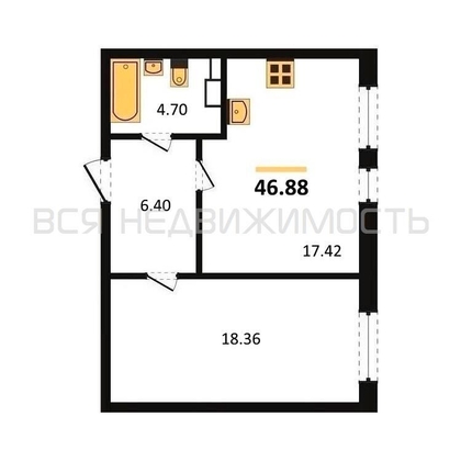 1-комнатная квартира, 46.88кв.м - изображение