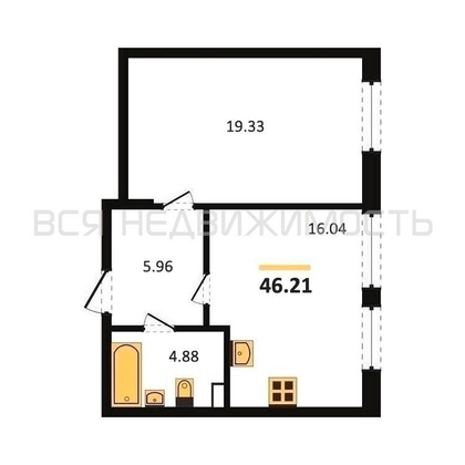 1-комнатная квартира, 46.21кв.м - изображение