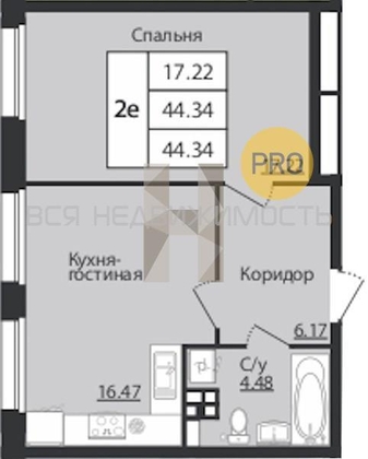 1-комнатная квартира, 44.34кв.м - изображение