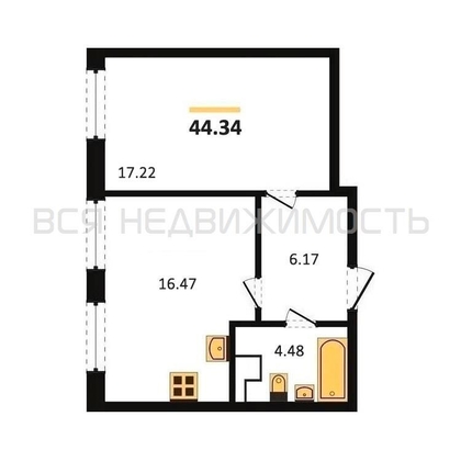 1-комнатная квартира, 44.34кв.м - изображение