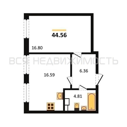 1-комнатная квартира, 44.56кв.м - изображение