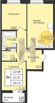 3-комнатная квартира, 59.1кв.м - изображение