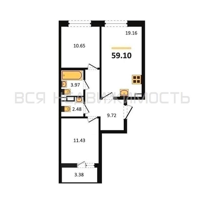 2-комнатная квартира, 59.1кв.м - изображение