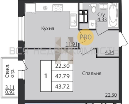 1-комнатная квартира, 43.71кв.м - изображение