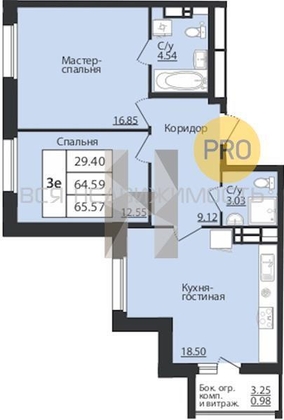 1-комнатная квартира, 65.57кв.м - изображение