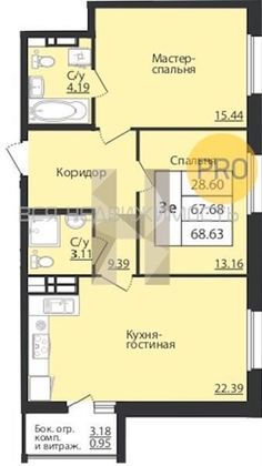 1-комнатная квартира, 68.63кв.м - изображение