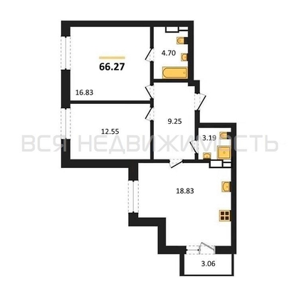 2-комнатная квартира, 66.27кв.м - изображение