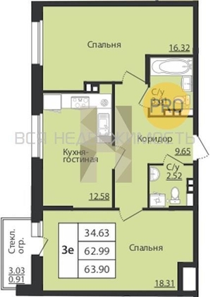 1-комнатная квартира, 63.9кв.м - изображение