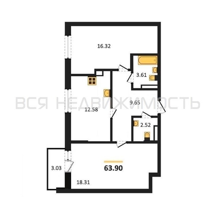 2-комнатная квартира, 63.9кв.м - изображение