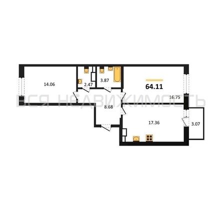 2-комнатная квартира, 64.11кв.м - изображение