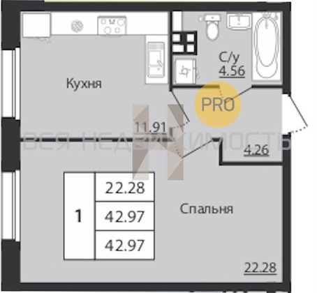 2-комнатная квартира, 42.97кв.м - изображение