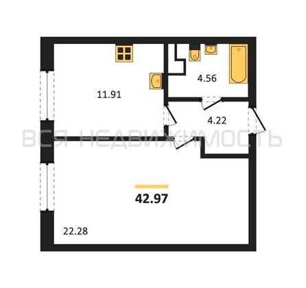 1-комнатная квартира, 42.97кв.м - изображение
