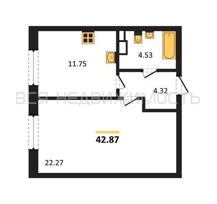 1-комнатная квартира, 42.87кв.м - изображение