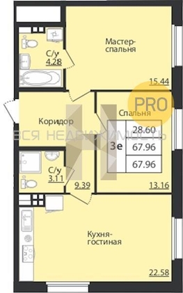 1-комнатная квартира, 67.96кв.м - изображение