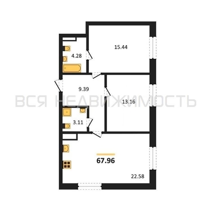 2-комнатная квартира, 67.96кв.м - изображение