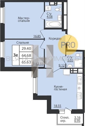 1-комнатная квартира, 65.63кв.м - изображение