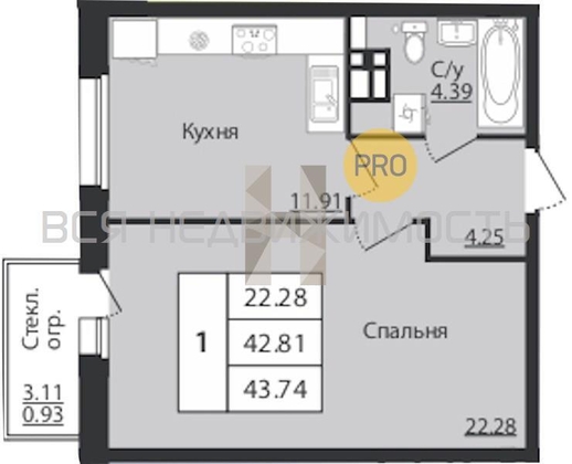 1-комнатная квартира, 43.74кв.м - изображение