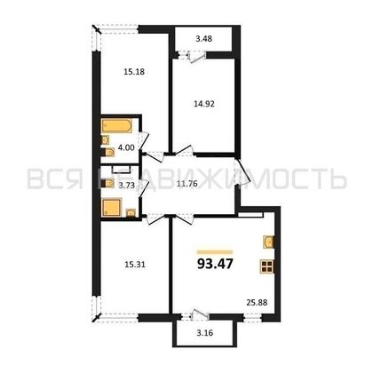 3-комнатная квартира, 93.47кв.м - изображение