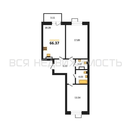 2-комнатная квартира, 66.37кв.м - изображение