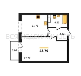 1-комнатная квартира, 43.79кв.м - изображение 1