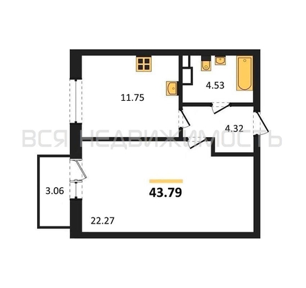 1-комнатная квартира, 43.79кв.м - изображение