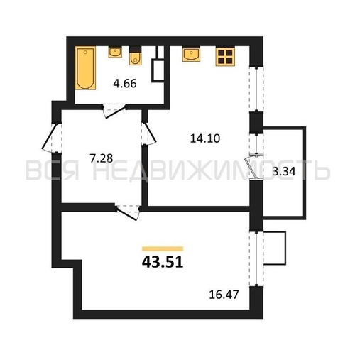 1-комнатная квартира, 43.51кв.м - изображение 0