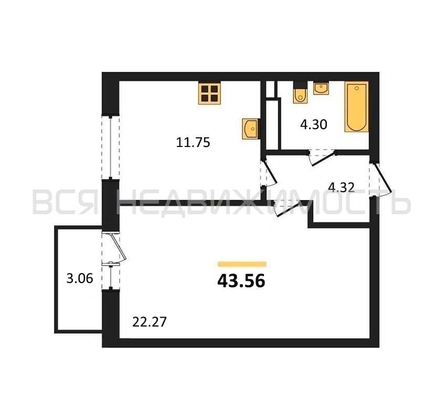 1-комнатная квартира, 43.56кв.м - изображение