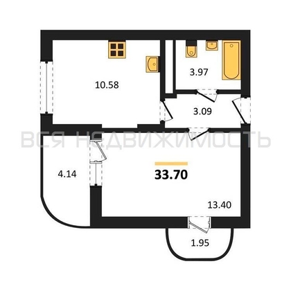1-комнатная квартира, 33.7кв.м - изображение