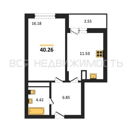 1-комнатная квартира, 40.26кв.м - изображение