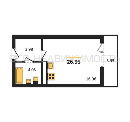 квартира-студия, 26,95кв.м. - изображение